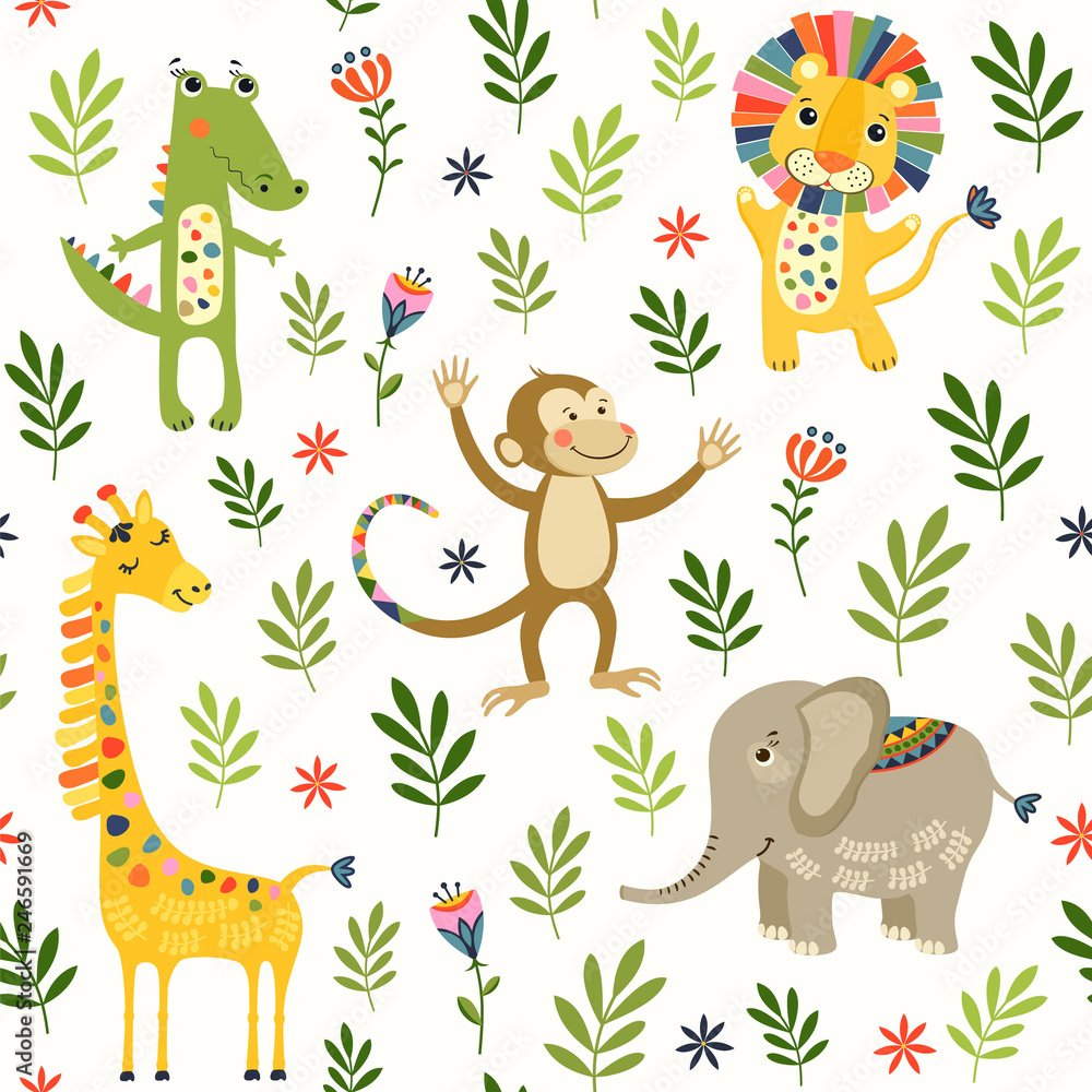 Seamless baby pattern with cute animals and toys . Vector bright illustration for kids. Seamless childrens background for wallpapers or textile. Seamless baby pattern with cute animals and toys . Vector bright illustration for kids. Seamless childrens background for wallpapers or textile.