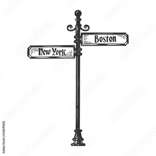 Old american urban road signpost pointer vector illustration. Scratch board style imitation. Black and white hand drawn image.