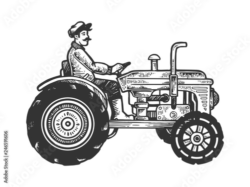 Agricultural tractor engraving vector illustration. Scratch board style imitation. Black and white hand drawn image.