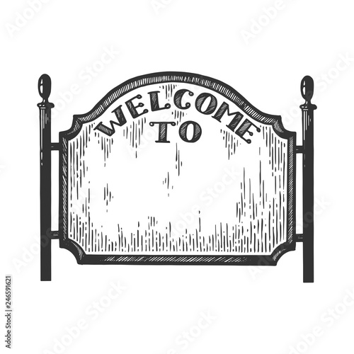 City welcome road sign vector illustration. Scratch board style imitation. Black and white hand drawn image.
