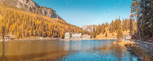 Lake of Misurina in Italian Dolomites during autumn. Travel in Tyrol Alps concept