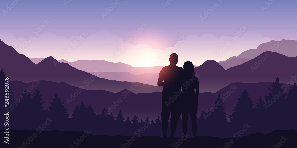 couple enjoy the mountain landscape view at sunrise vector illustration EPS10