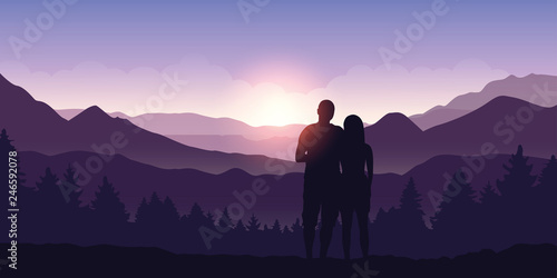couple enjoy the mountain landscape view at sunrise vector illustration EPS10
