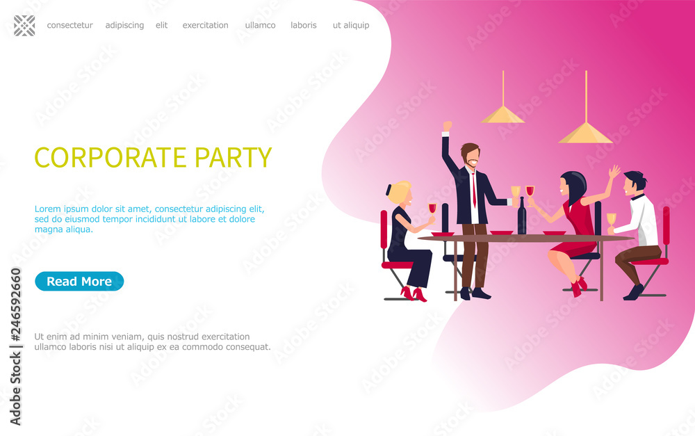 Business employees men and women drinking wine on corporate party meeting. Group of business people celebration vector in flat style illustration