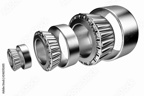 3D rendering. Automotive bearings auto spare parts. Tapered roller bearing isolated on a white background. Wheel bearing for truck, heavy duty and car.