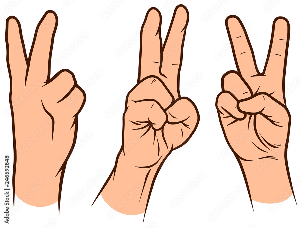 Cartoon graphic white human hands. Showing peace gesture or sign. Isolated on white background. Vector icons set. Cartoon graphic white human hands. Showing peace gesture or sign. Isolated on white background. Vector icons set.