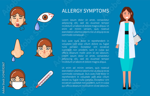 Allergy symptoms cough, high temperature, headache, rhinitis and sore eyes. Flat style vector illustration isolated on blue background with text