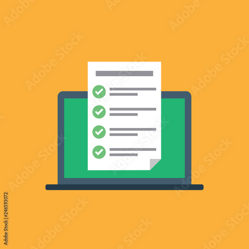Checklist window. Check mark. White tick on laptop screen. Choice, survey concepts. Elements for web banners, websites, infographics. Flat design, vector illustration on background.