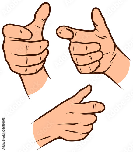 Cartoon graphic white human hands. Showing gun holding gesture or sign. Isolated on white background. Vector icons set.