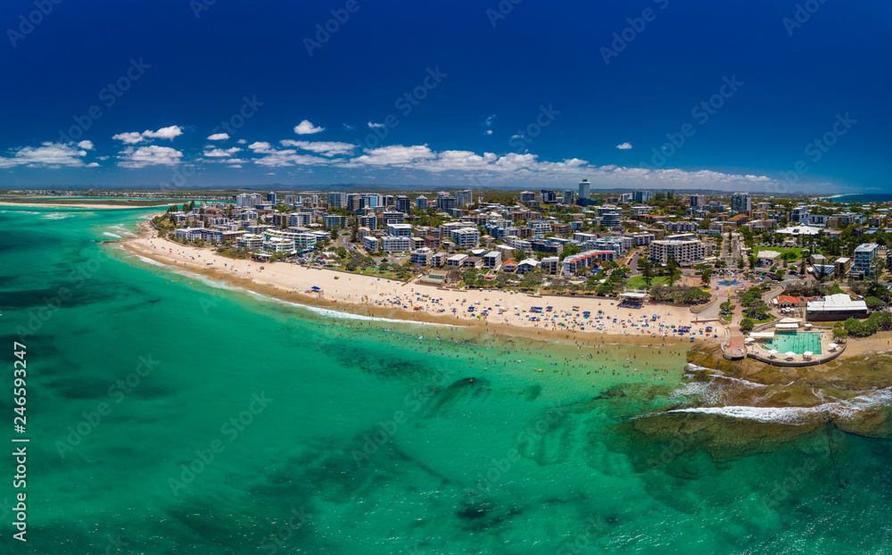 Obraz premium Aerial drone panoramic image of ocean waves on a Kings beach, Caloundra, Queensland, Australia