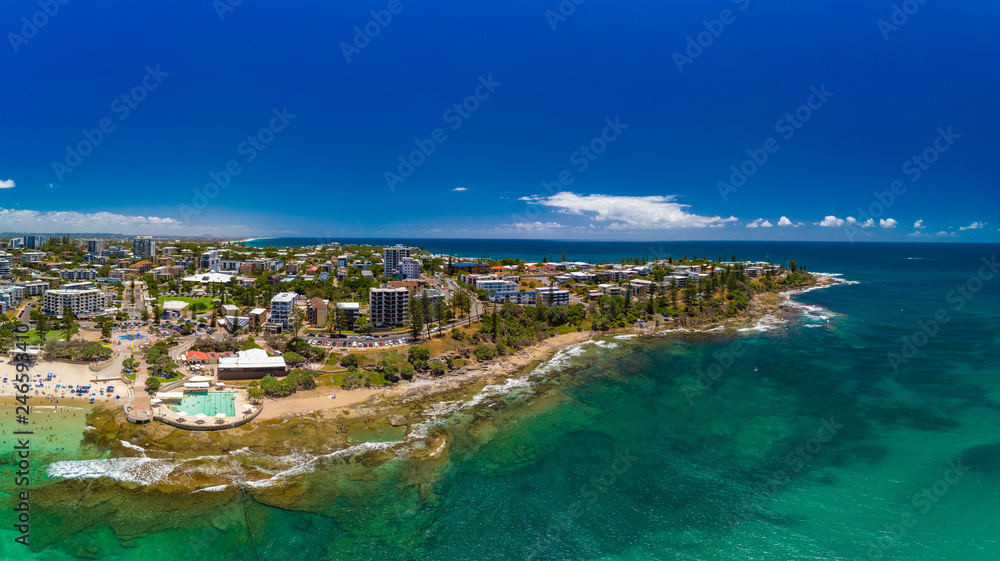 Aerial drone panoramic image of ocean waves on a Kings beach, Caloundra, Queensland, Australia