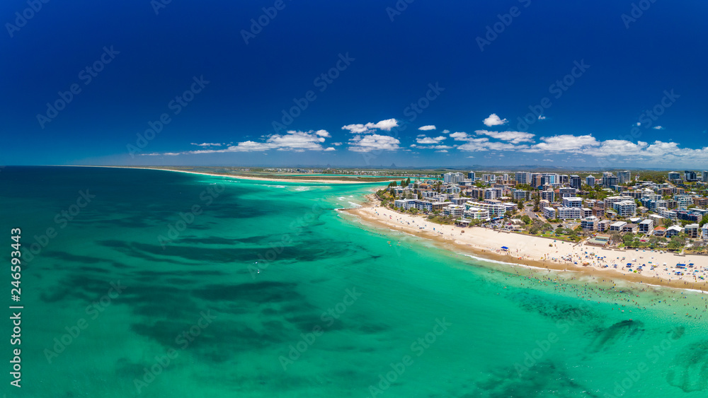 Fototapeta premium Aerial drone panoramic image of ocean waves on a Kings beach, Caloundra, Queensland, Australia