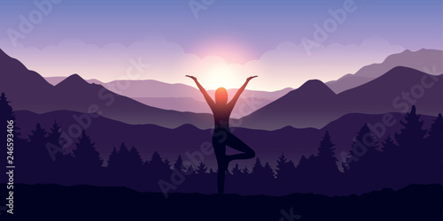 girl makes yoga tree figure in the mountain landscape view at sunrise vector illustration EPS10