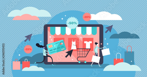 Online shopping vector illustration. Flat tiny persons e-commerce digital shop concept