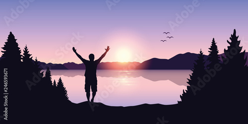happy man with arms raised at sunrise at the lake vector illustration EPS10