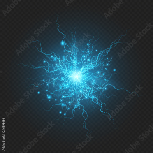 Realistic powerful electrical discharge lightning strike impact sphere effect on transparent background. EPS 10