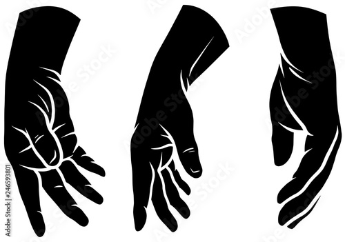 Cartoon graphic black silhouette human hands. Showing lowered palm gesture or sign. Isolated on white background. Vector icons set. Vol. 1