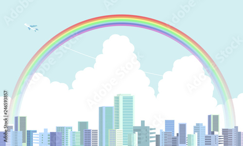 虹の架かった街並み