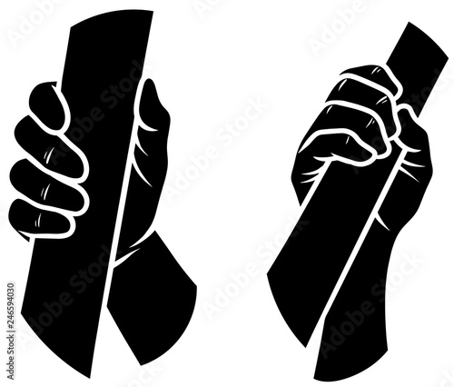 Cartoon graphic black silhouette human hands. Holding crossbar or handrail. Isolated on white background. Vector icons set. Vol. 1