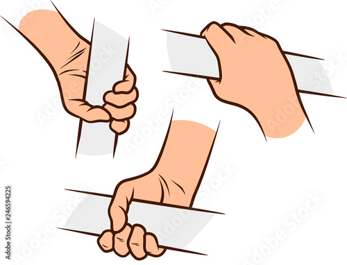 Cartoon graphic white human hands. Holding crossbar or handrail. Isolated on white background. Vector icons set. Vol. 4