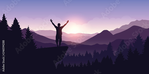 happy man with arms raised stands on top of a cliff in mountain landscape at sunrise vector illustration EPS10