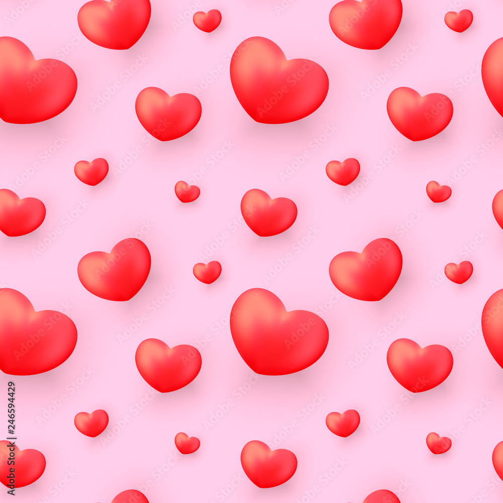 Valentines Day seamless pattern with realistic red hearts on pink background. Valentines Day background for festive decor, wrapping paper, print, textile, fabric, wallpaper.