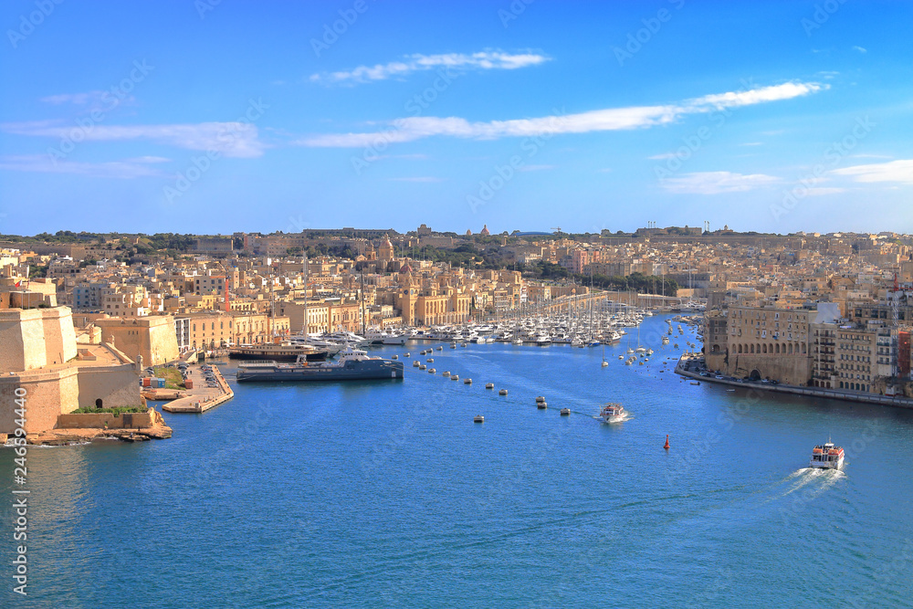 View of the harbor of the island of Malta from the height of the city of Valletta.