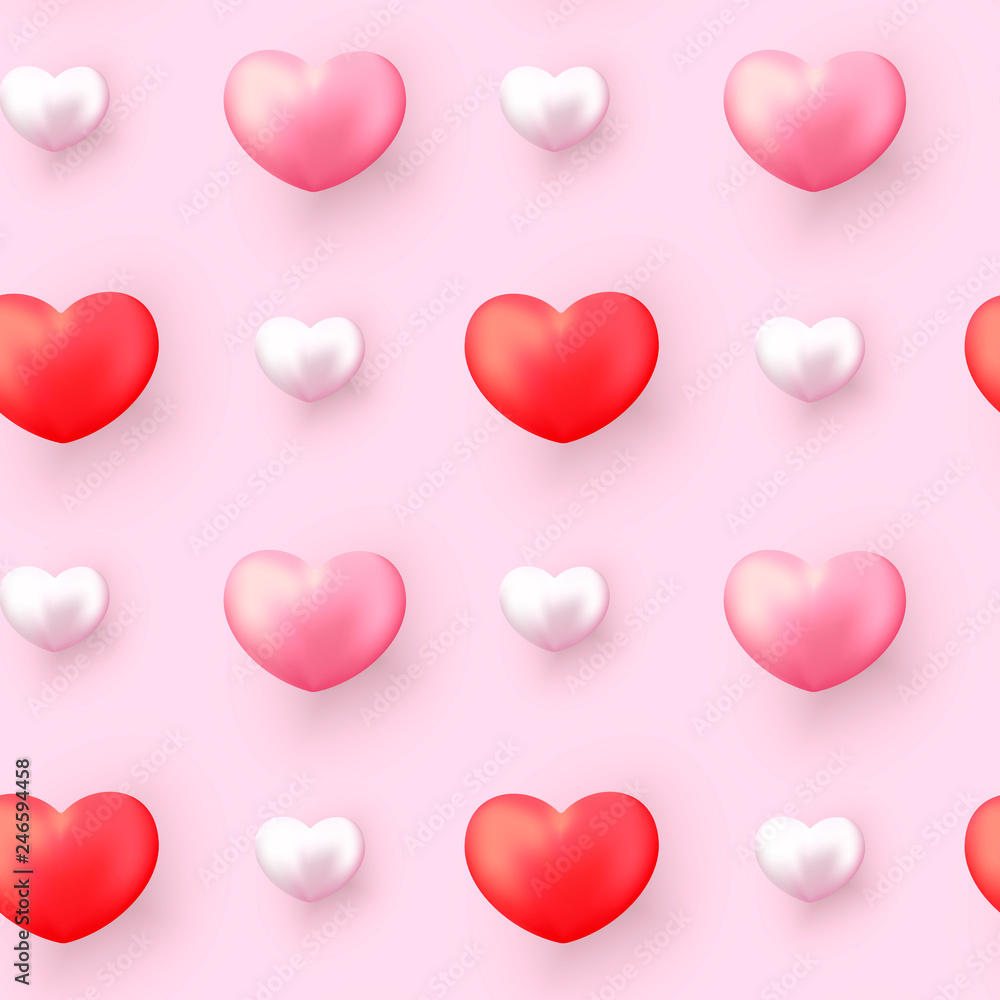 Valentines Day seamless pattern with realistic hearts on pink background. Valentines Day background for festive decor, wrapping paper, print, textile, fabric, wallpaper.