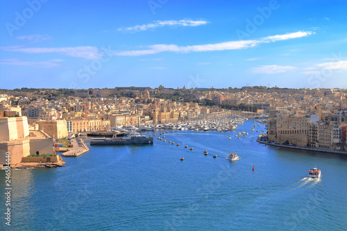 View of the harbor of the island of Malta from the height of the city of Valletta.
