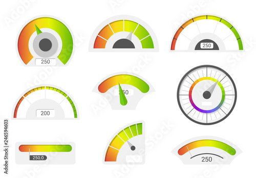 Speedometer icons. Credit score indicators. Speedometer goods gauge rating meter. Level indicator, credit loan scoring manometers vector set.