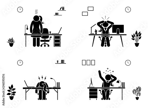 Tired, stressed, unhappy, bored stick figure woman office vector icon set. Hard working business lady pictogram