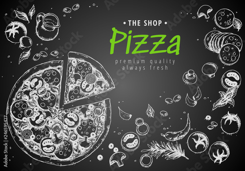 Italian pizza top view frame. A set of classic Italian dishes. Italian food, pizzeria menu design template. Vintage hand drawn sketch vector illustration. Engraved image.