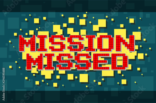 Red pixel retro mission button for video games