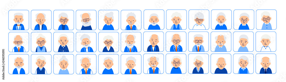 Set avatars old people. Illustrations of heads of elderly people in rounded squares. Symbols aged faces. Illustration of people characters isolated on white background in flat style Set avatars old people. Illustrations of heads of elderly people in rounded squares. Symbols aged faces. Illustration of people characters isolated on white background in flat style
