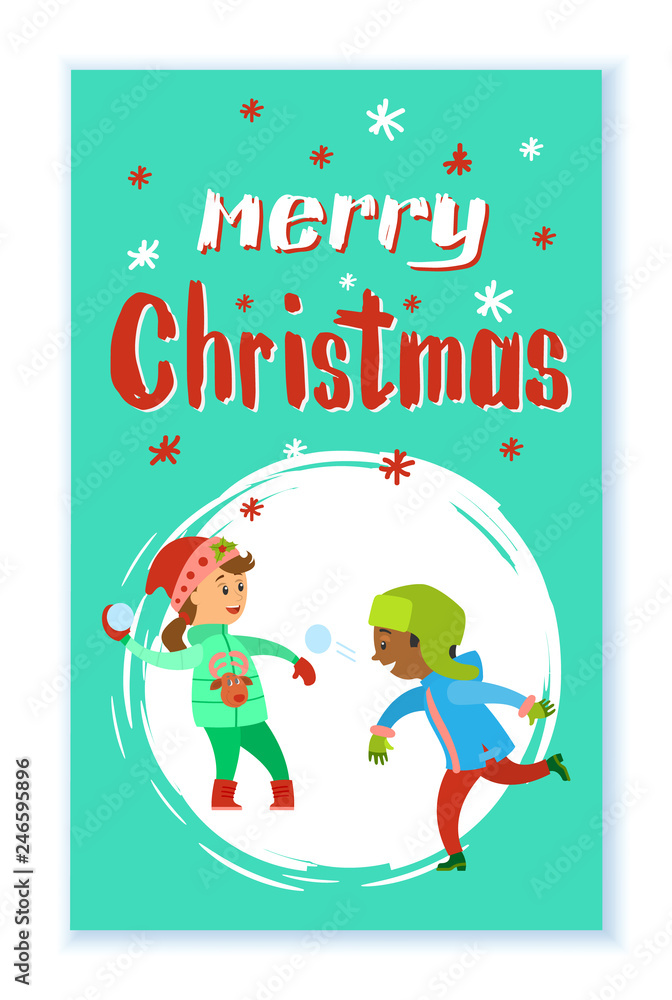 Plakat Merry Christmas holidays of children playing snowballs vector in round brush frame. Boy and girl winter games, kids wearing warm clothes having fun outdoors