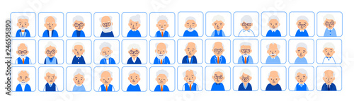 Set avatars old people. Illustrations of heads of elderly people in rounded squares. Symbols aged faces. Illustration of people characters isolated on white background in flat style