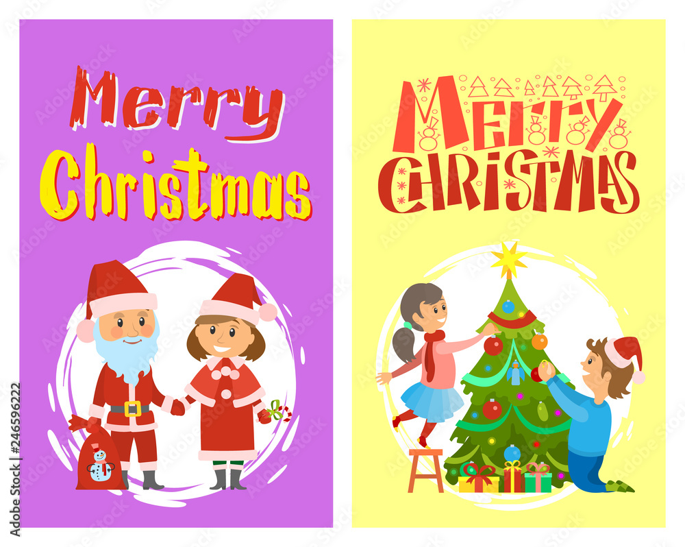Merry Christmas, Santa Claus and Snow maiden in costumes vector postcards in round brush frame. Xmas winter holidays characters, bag with snowman print