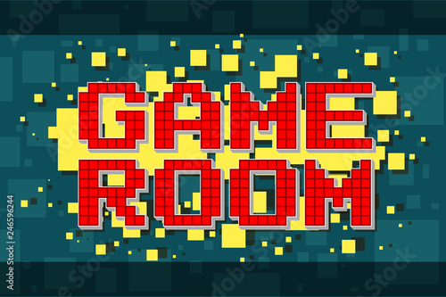 Red pixel retro game room button for video games