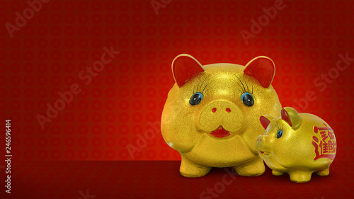 Gold piggy bank on the red background. Chinese New Year.