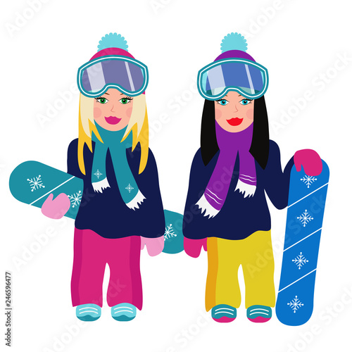 Two girls on snowboard, blonde and brunette.Winter sport activity, cartoon vector illustration isolated on white background. Happy girl friends snowboarding, winter vacation activity