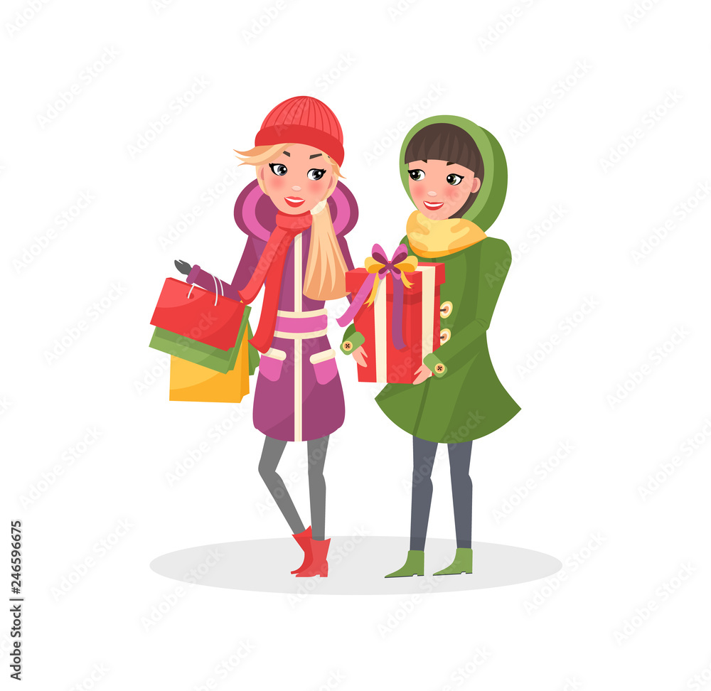 Women in warm winter cloth do shopping together. Two girls with Christmas packs, wrapped gift boxes, buy Xmas presents on sale, cartoon vector people Women in warm winter cloth do shopping together. Two girls with Christmas packs, wrapped gift boxes, buy Xmas presents on sale, cartoon vector people
