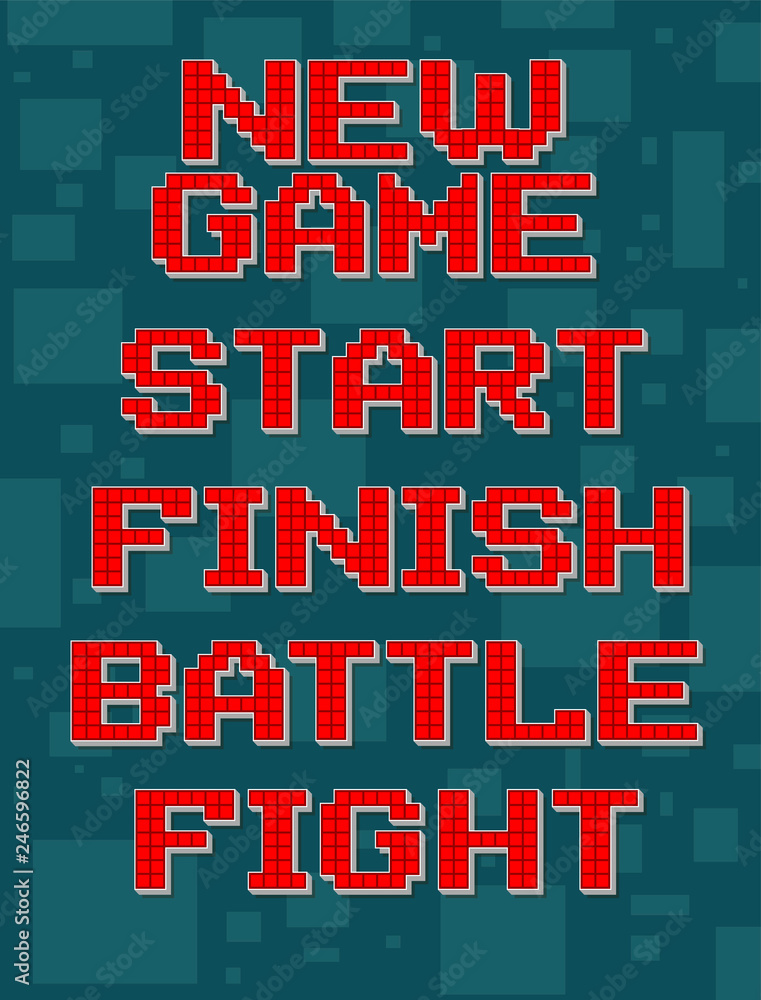 Red pixel retro different texts for video games web design. New, start, finish, battle, fight. Navigation buttons. On gray background with square. Vector icons set.