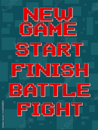 Red pixel retro different texts for video games web design. New, start, finish, battle, fight. Navigation buttons. On gray background with square. Vector icons set.