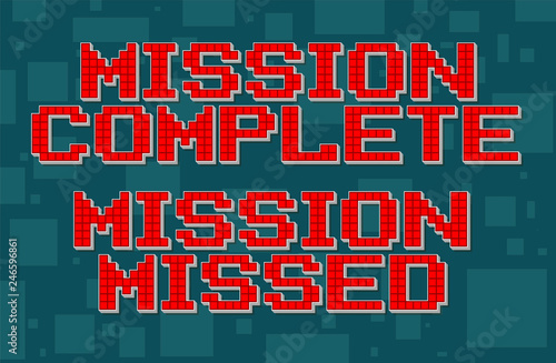Red pixel retro different texts for video games web design. Mission complete, missed. Navigation buttons. On gray background with square. Vector icons set.