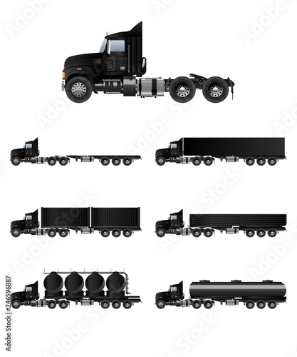 set of truck silhouettes of trucks on white background