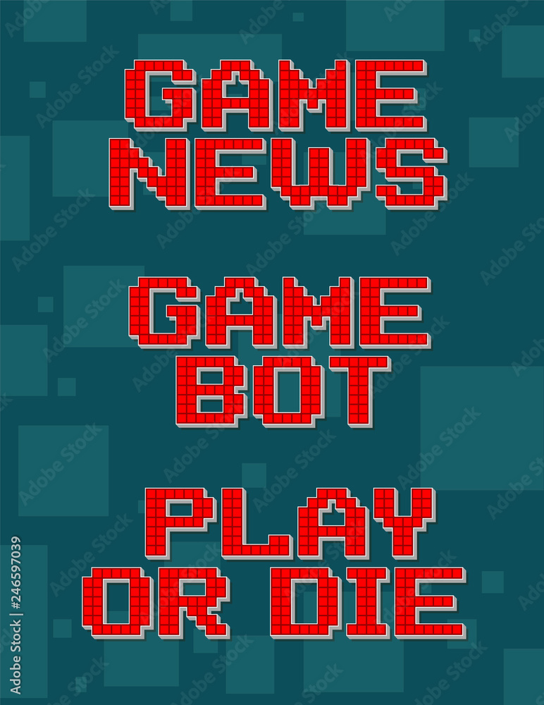 Red pixel retro different texts for video games web design. Bot, news, die. Navigation buttons. On gray background with square. Vector icons set. Red pixel retro different texts for video games web design. Bot, news, die. Navigation buttons. On gray background with square. Vector icons set.