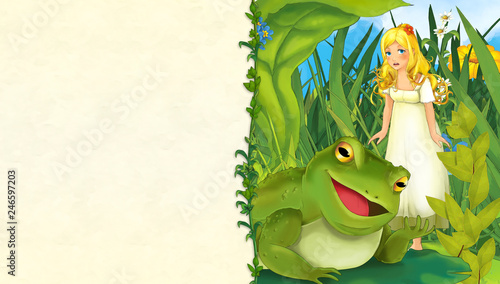 cartoon scene with beautiful woman on the meadow with frog - with space for text - illustration for children
