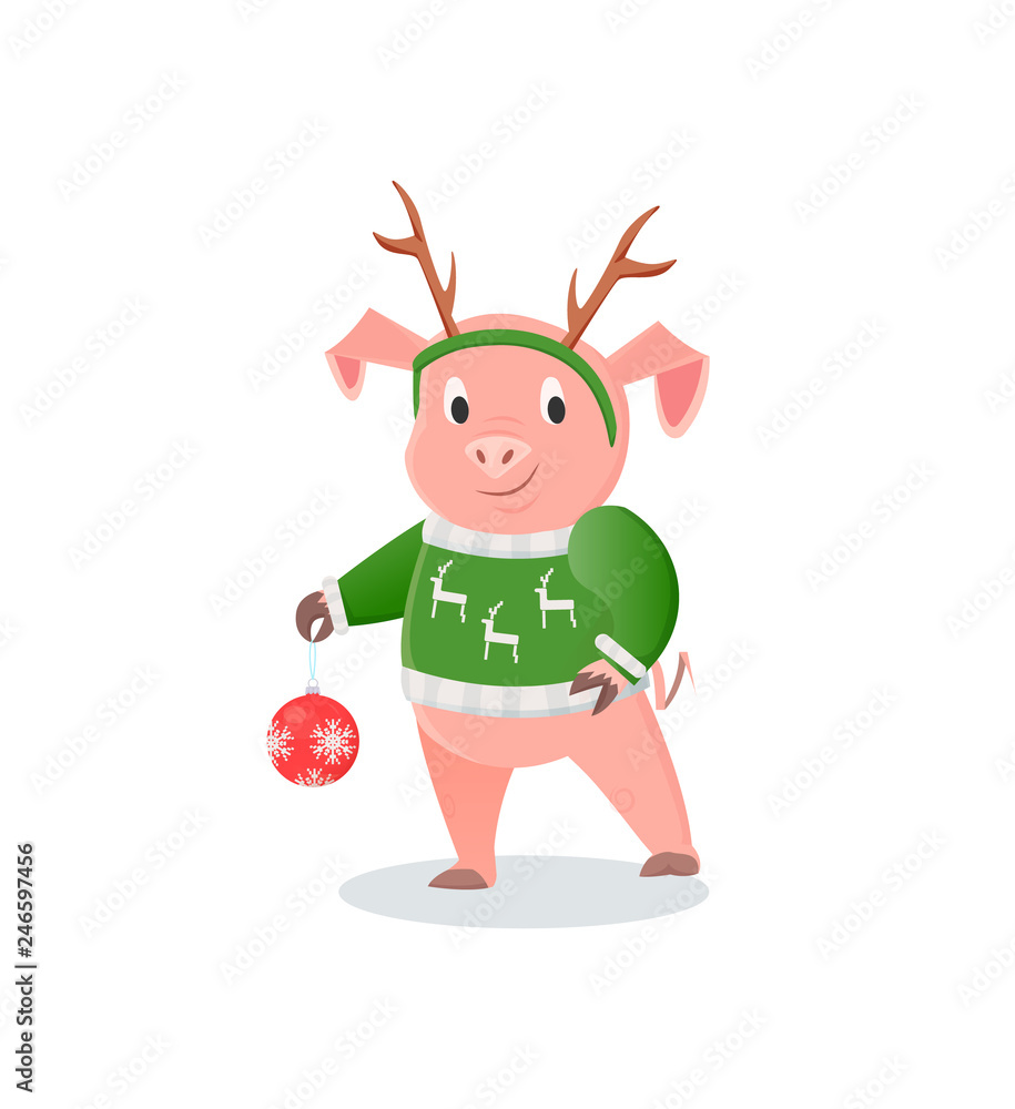 Pig in deer horns and knitted sweater, New Year holiday. Domestic livestock animal with Christmas tree decoration or ball vector illustration isolated