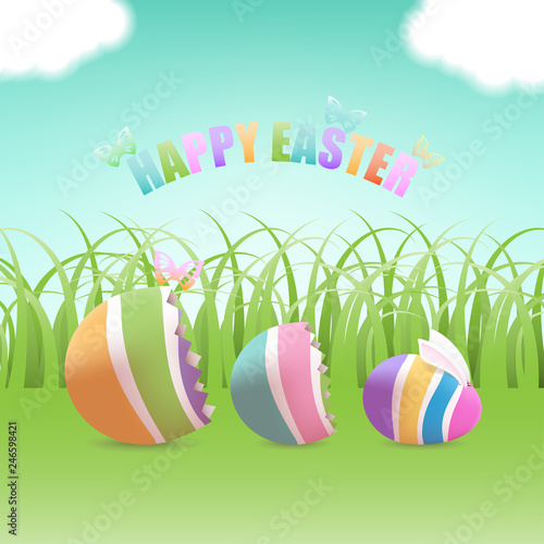 Colorful Easter egg with bunny inside cracked eggs with butterflies in green grass field and blue sky with clouds