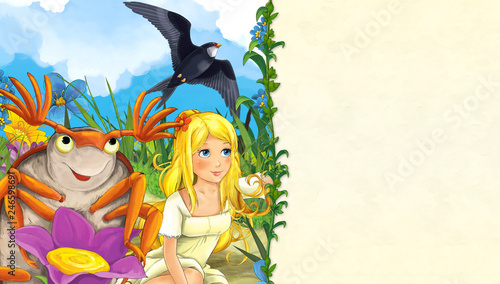 cartoon scene with beautiful woman on the meadow with dumbledore and flying cuckoo - with space for text - illustration for children